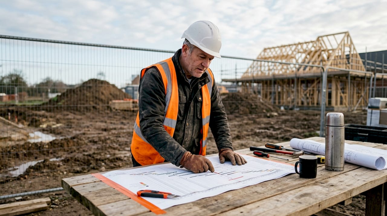 Project manager reviewing phase plan onsite