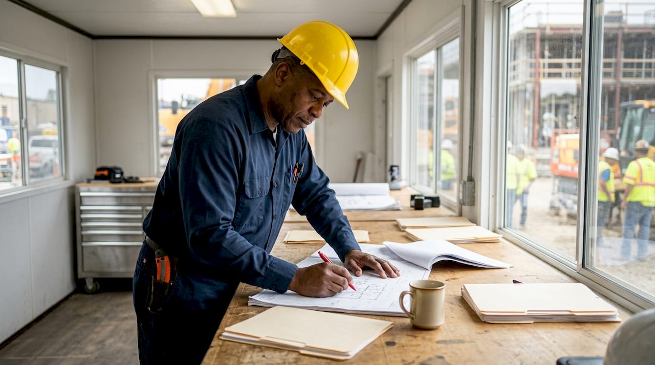Construction manager reviewing building plans