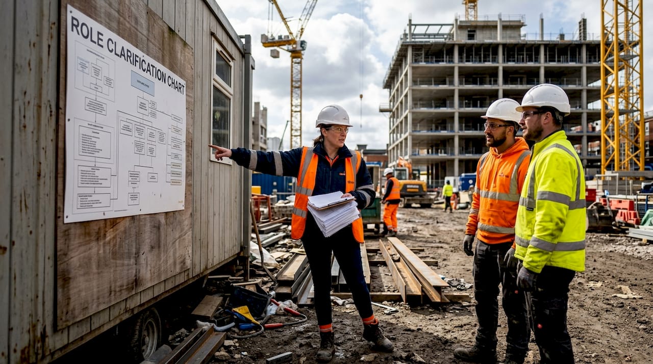 Site supervisor explaining team roles on construction site