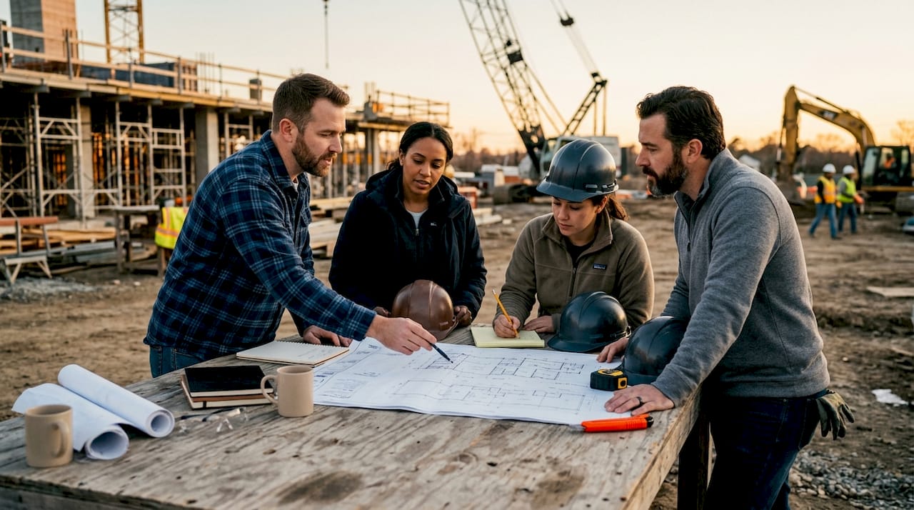 Construction team collaborating over project plans