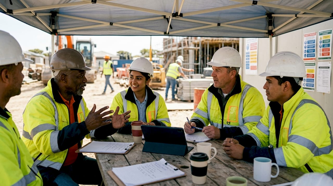 Construction team in onboarding meeting outdoors