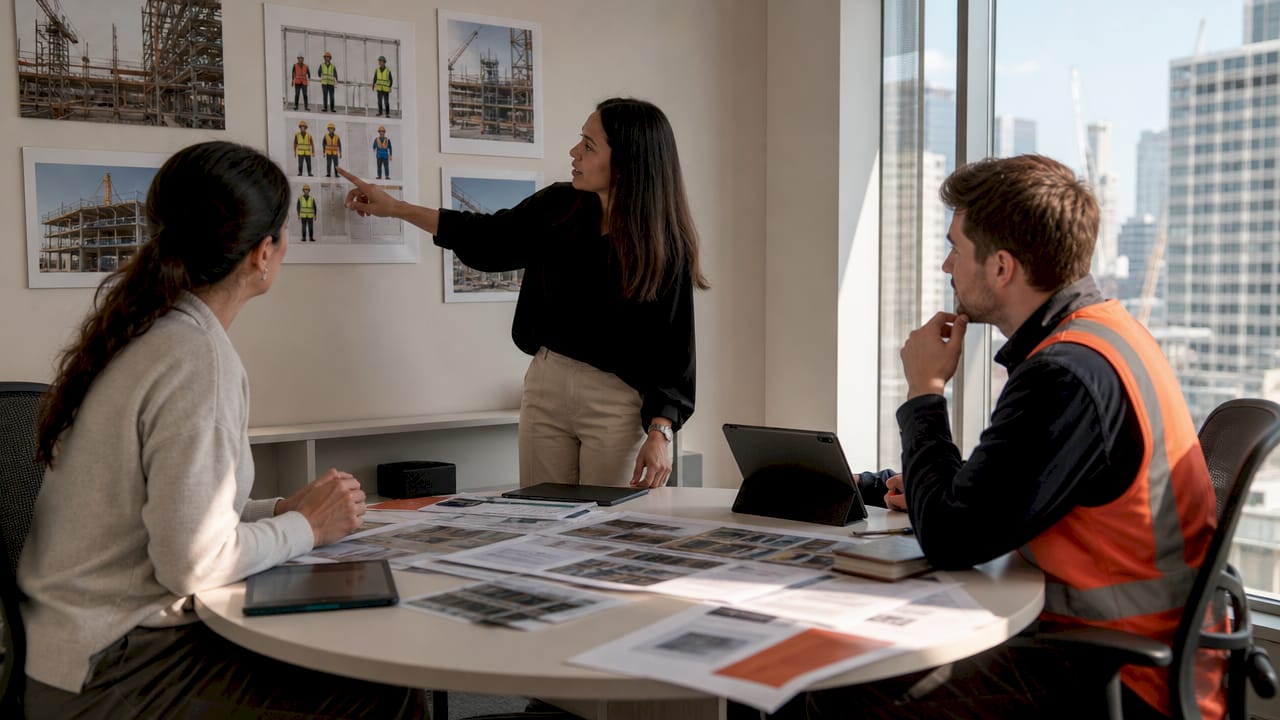 Diverse construction team coordinating project details in office