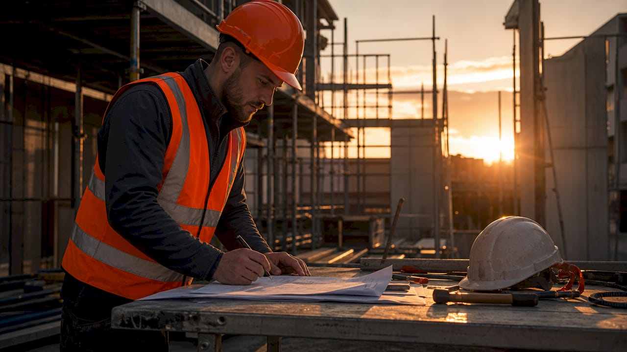 Construction administrator reviewing project documents on site