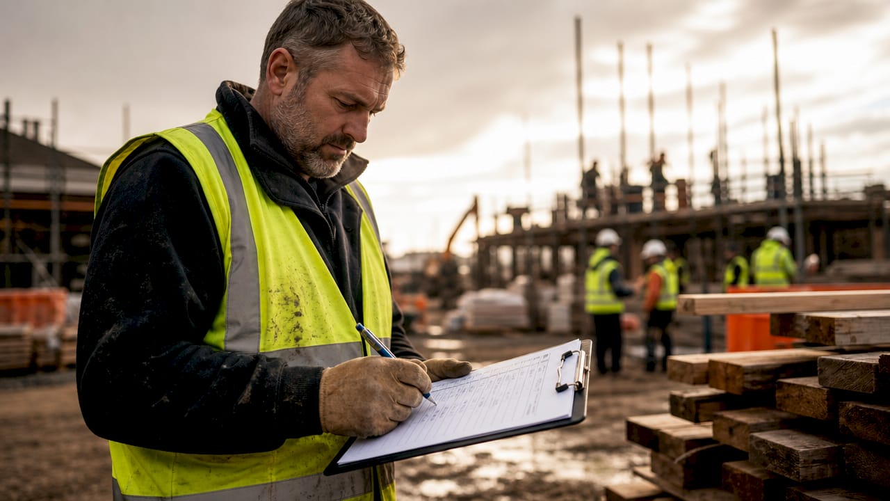 Hands marking construction progress on clipboard