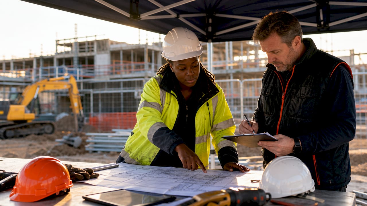 Construction team reviewing project schedule indoors