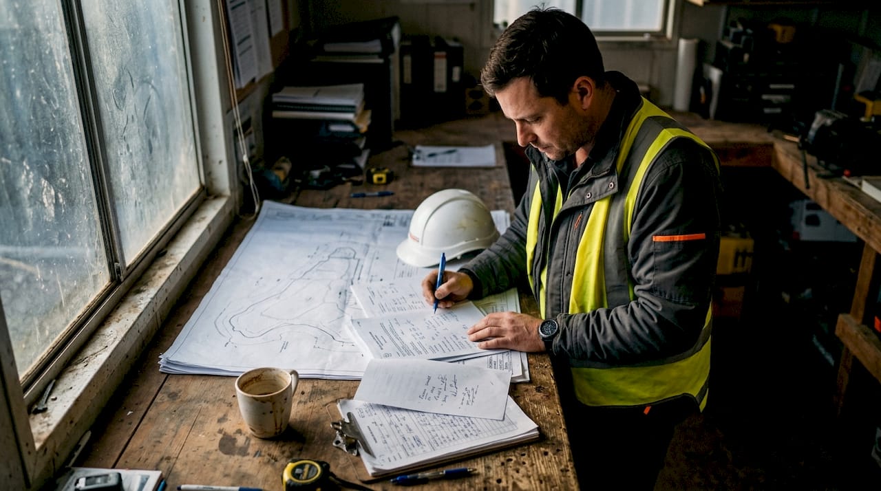 Construction manager reviewing project update report