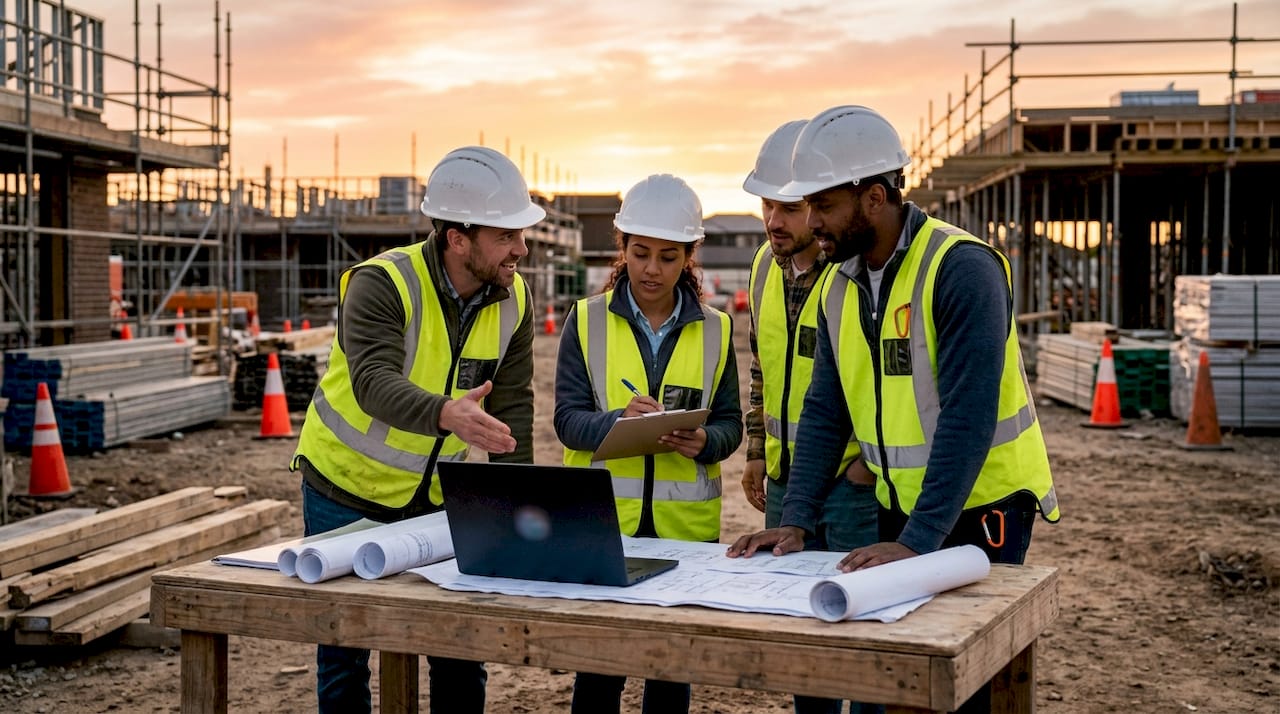 Construction team collaborating on project updates outdoors