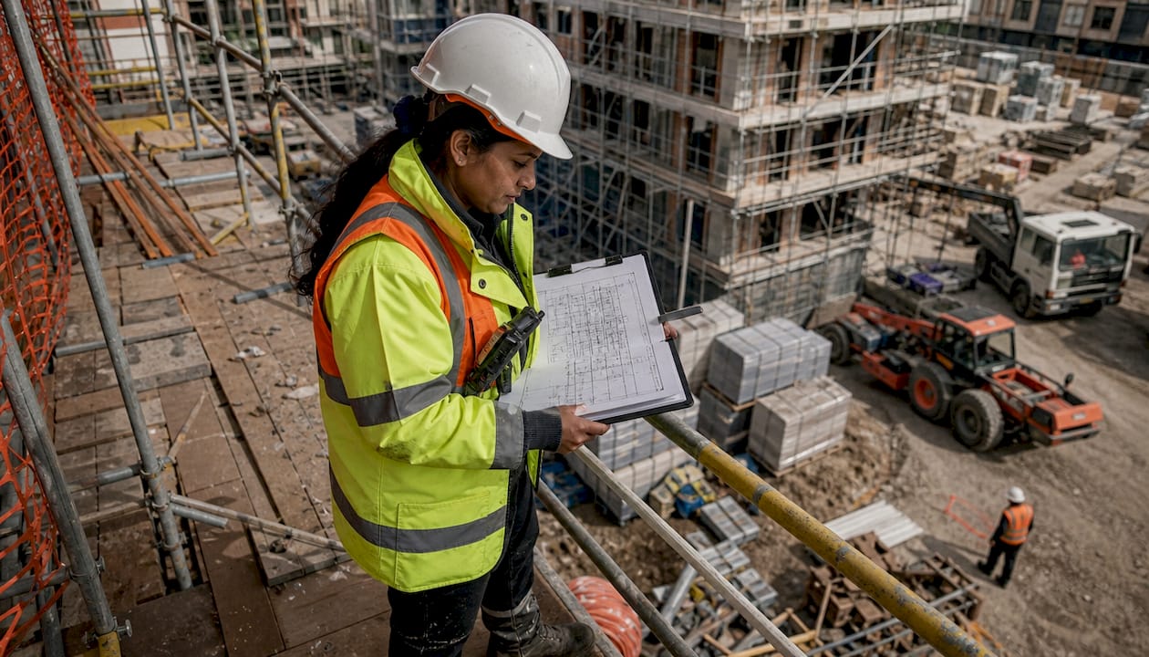 Site manager reviewing blueprints at UK construction site