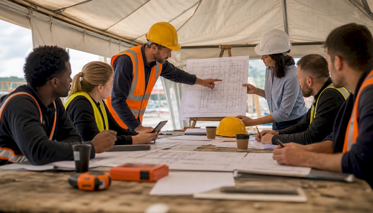 Construction manager leading coordination meeting