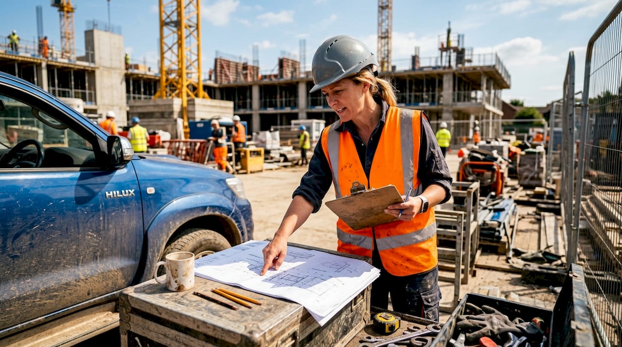 Construction manager reviewing site plans outdoors