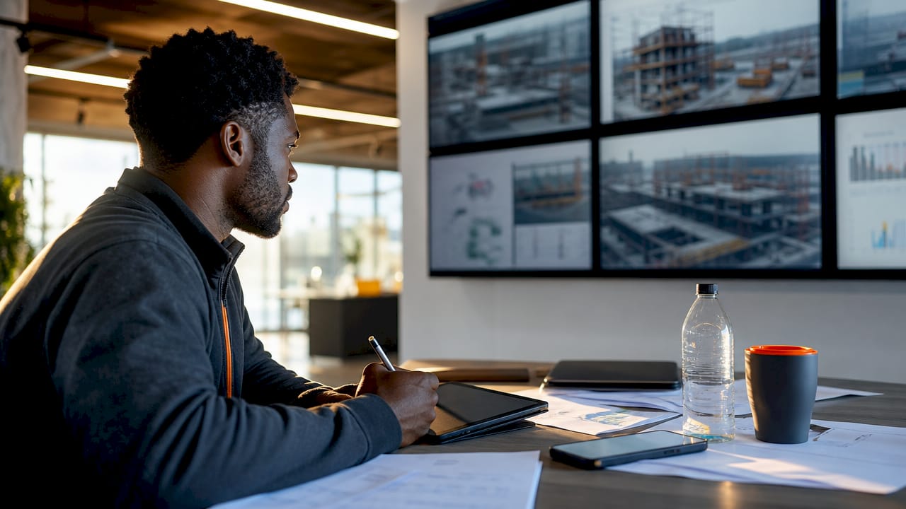 Engineer monitoring construction data on screens