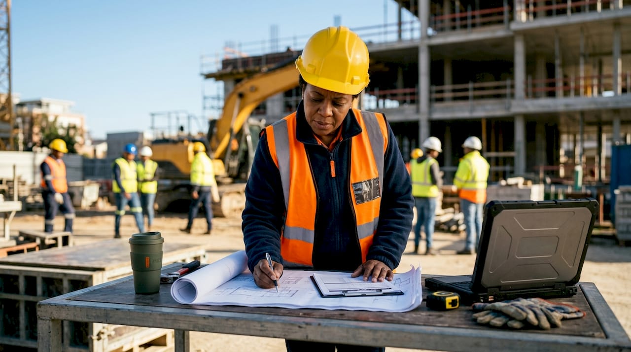 Construction manager reviewing site meeting documents