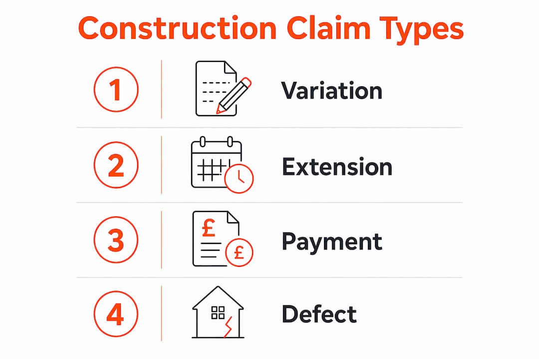 Infographic outlining main construction claim categories in UK