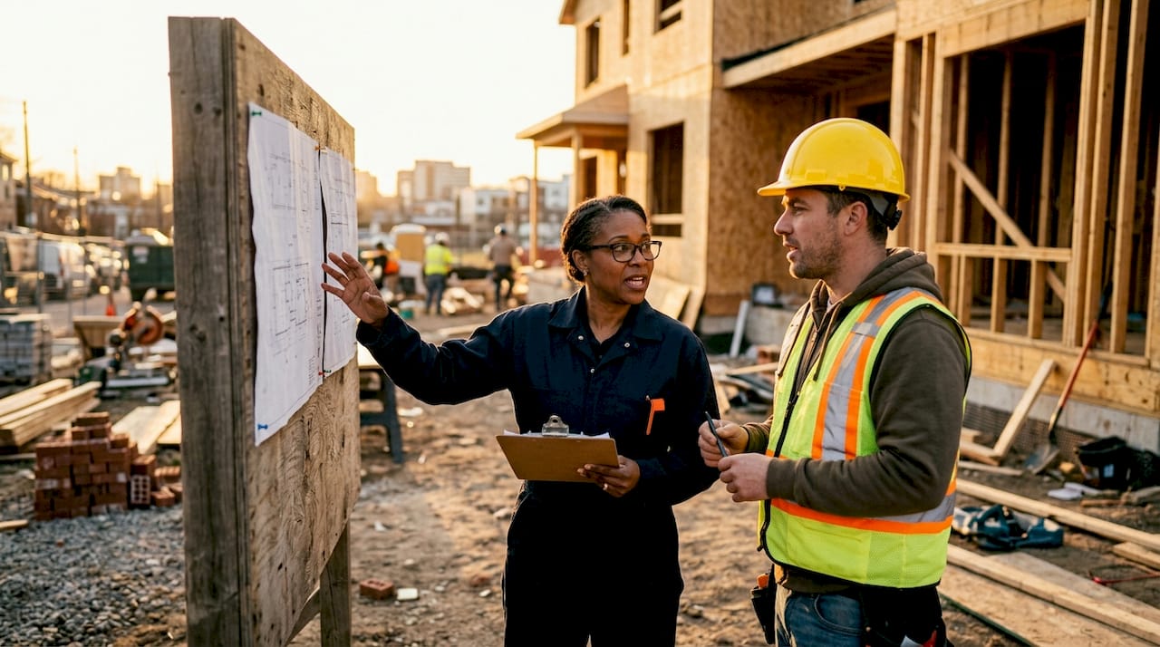 Project manager discussing plans with electrician on site