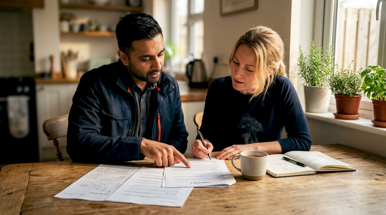Contractor and client reviewing residential project documents
