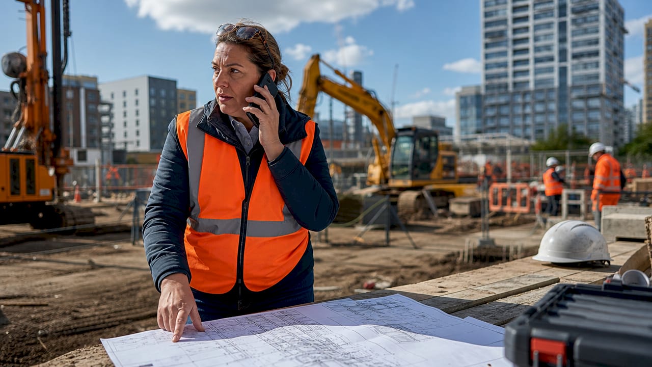Construction project manager interrupted at desk