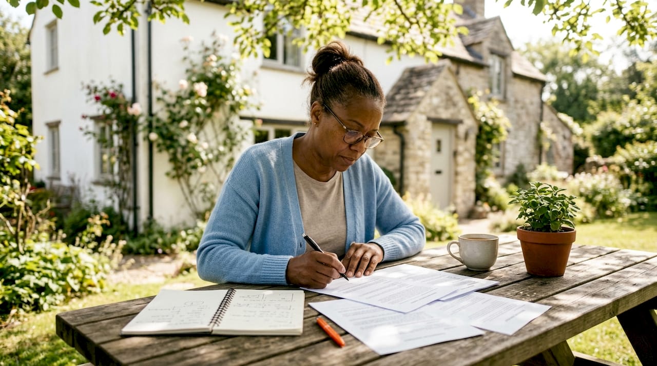 Homeowner reading contract at kitchen table