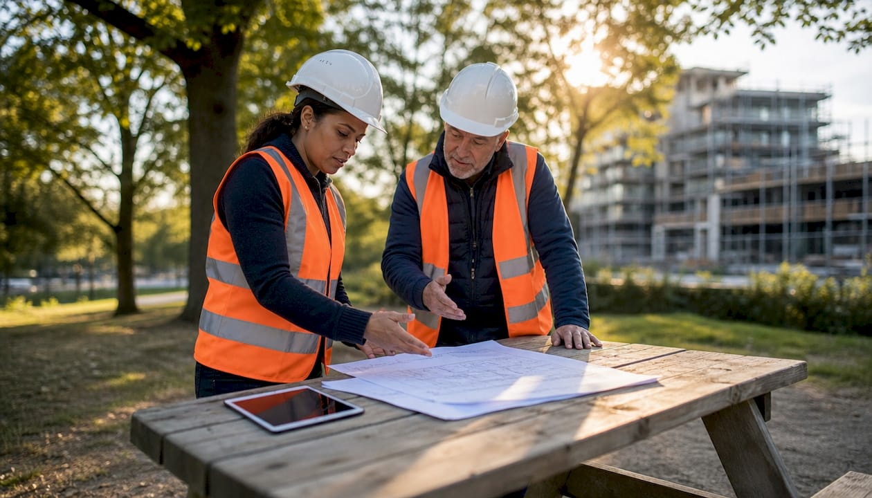 Two contractors discussing builders contract types onsite