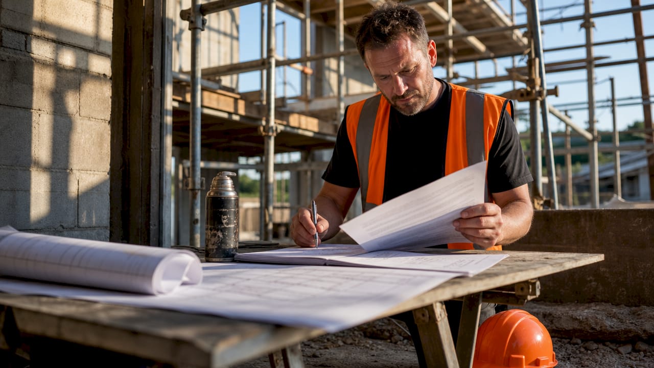 UK contractor reviewing builders contract paperwork