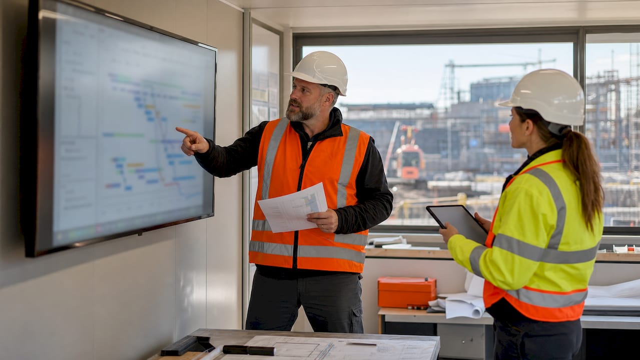Site manager discussing project updates on UK construction site