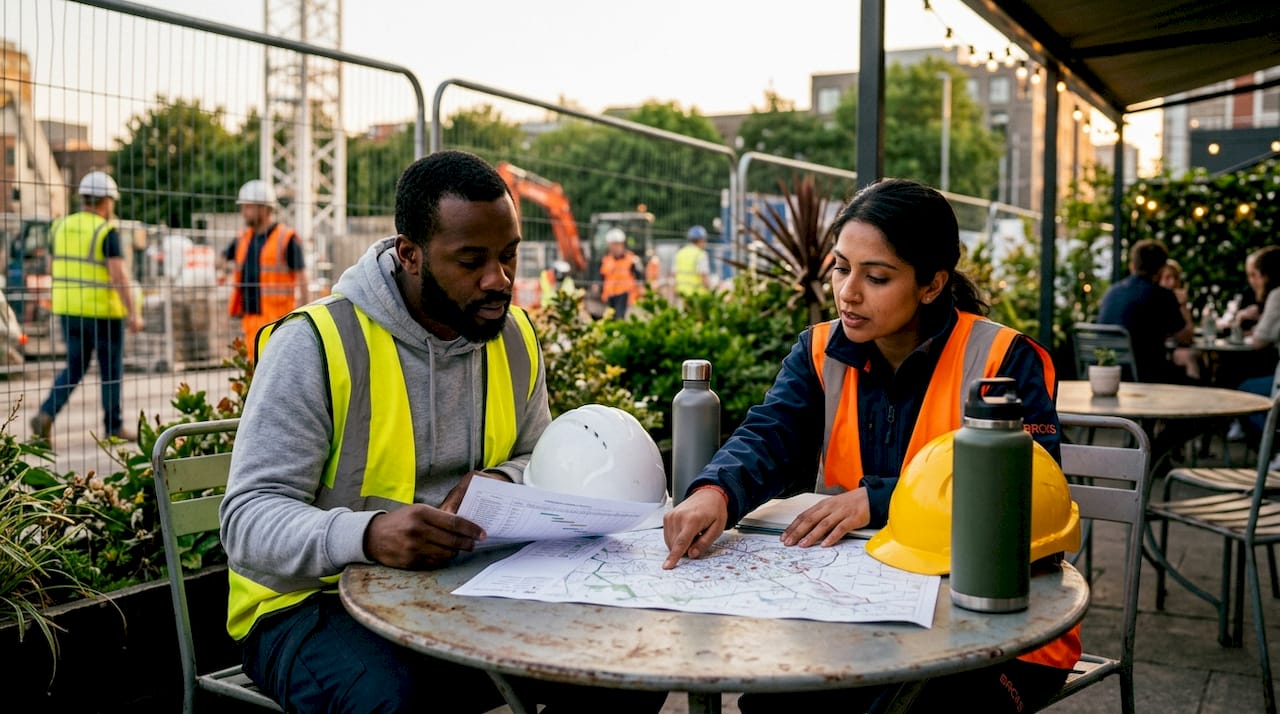 Workers reviewing decision schedules at site office table