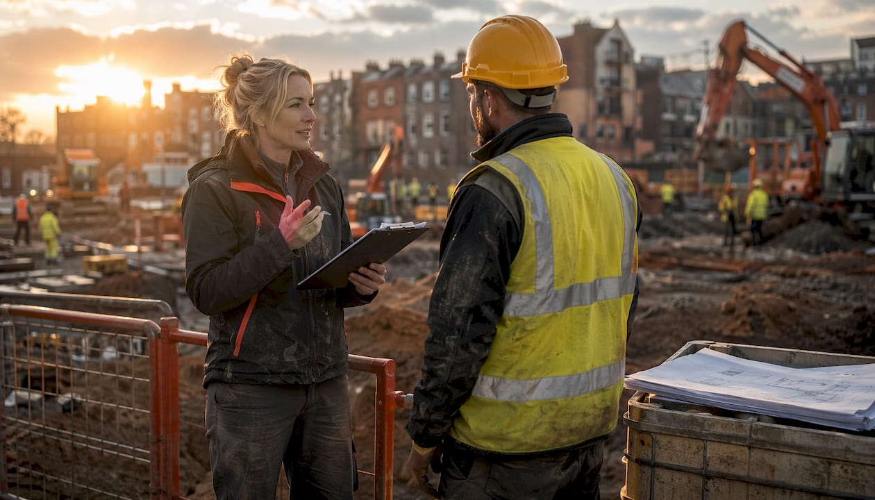 Project manager and engineer discussing on UK site