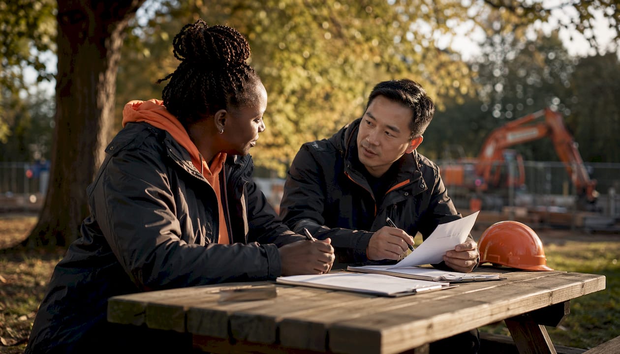 Two professionals preparing site meeting checklist