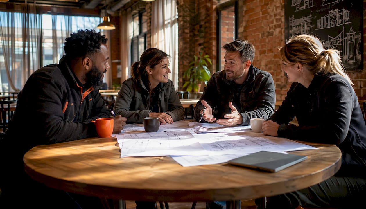 Team reviewing construction plans collaboratively