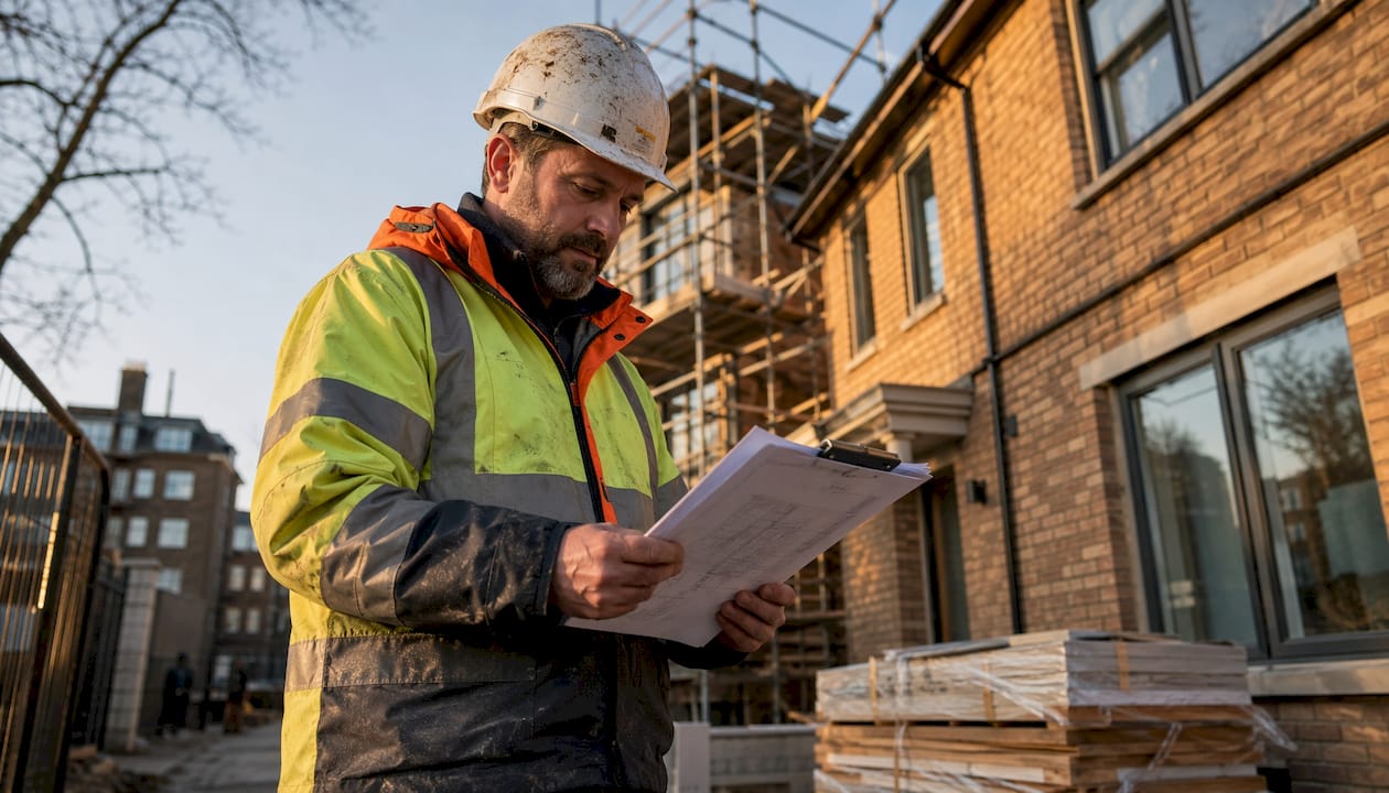 Building inspector reviewing plans at UK construction site