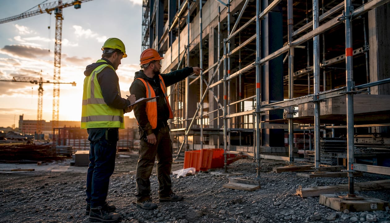 Foreman and safety inspector at building site scaffolding