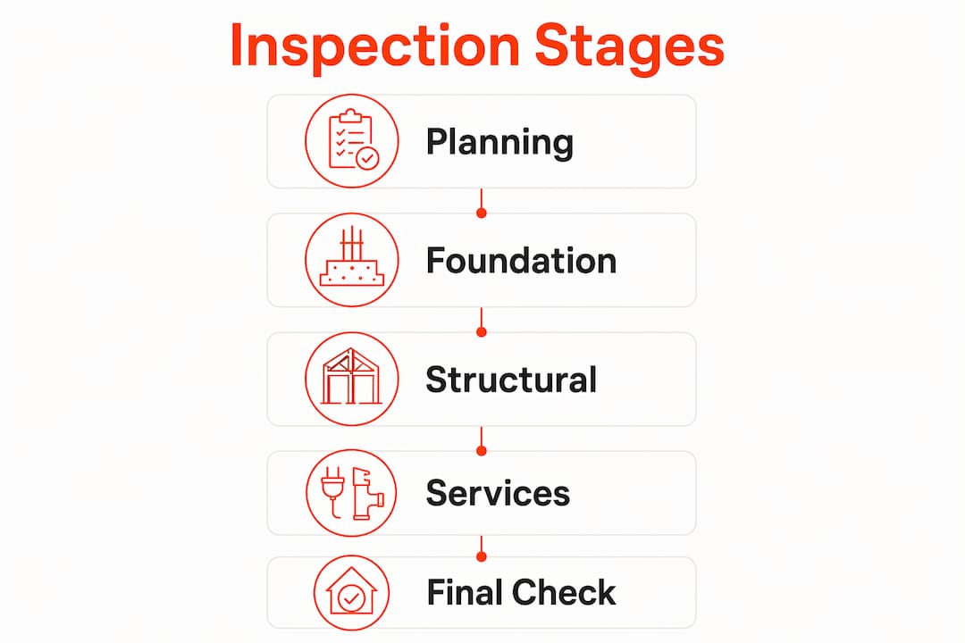 Infographic illustrating key stages of UK building construction inspections