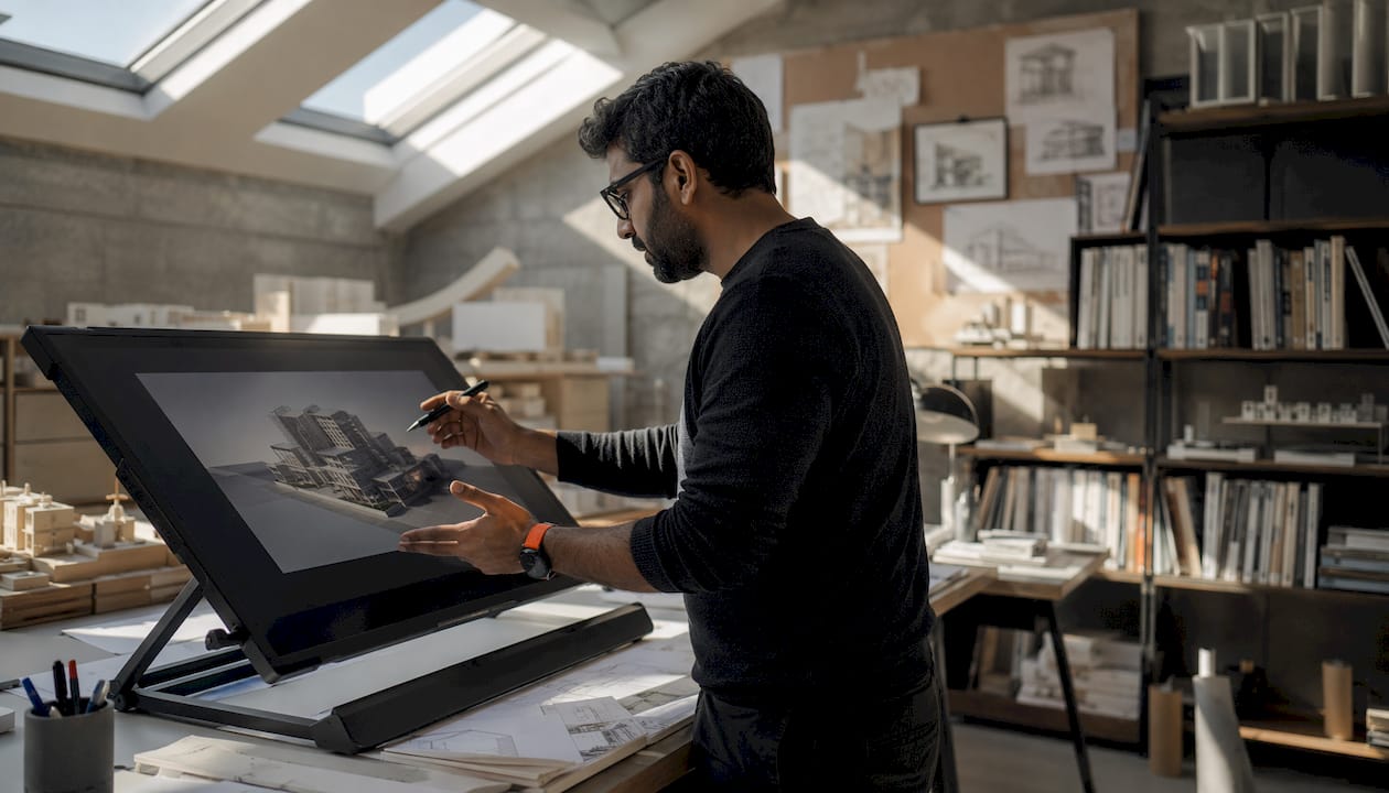 Architect working on 3D building model at desk