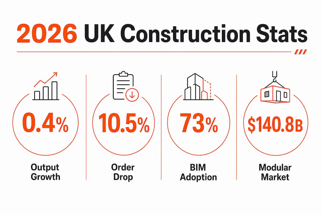 Infographic showing key construction trends and stats UK 2026