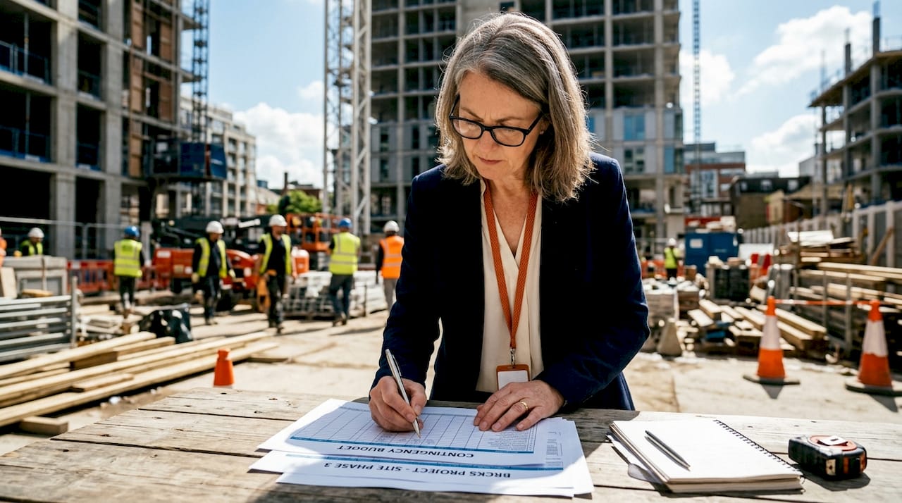 Project manager reviewing contingency budget sheets