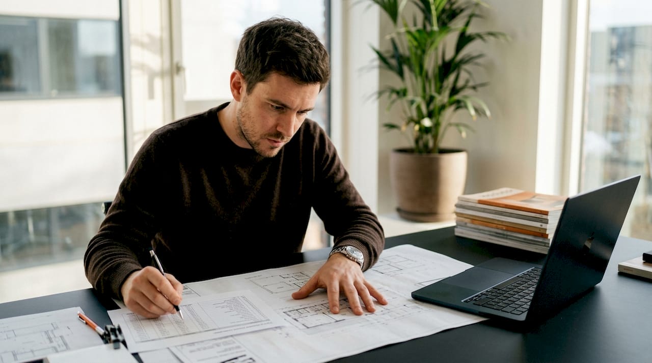 Architect reviewing design phase contingency drawings