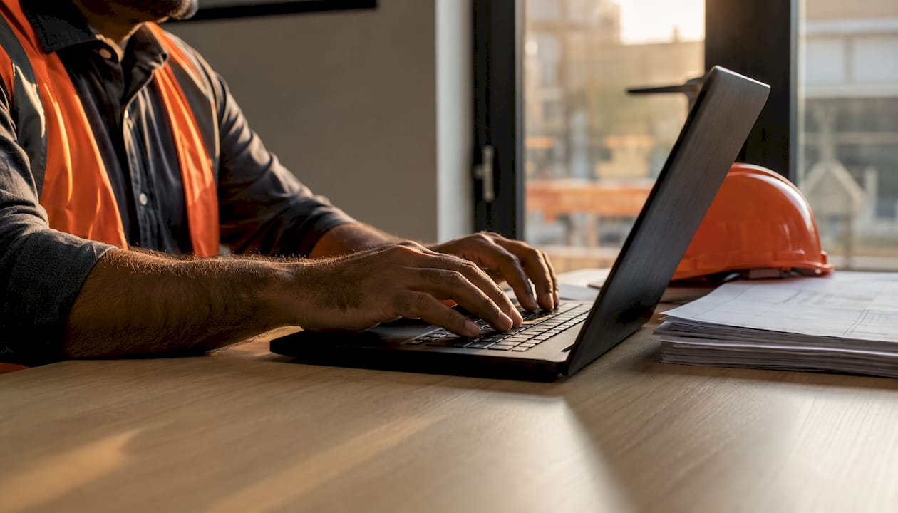 Supervisor typing HR records on laptop keyboard