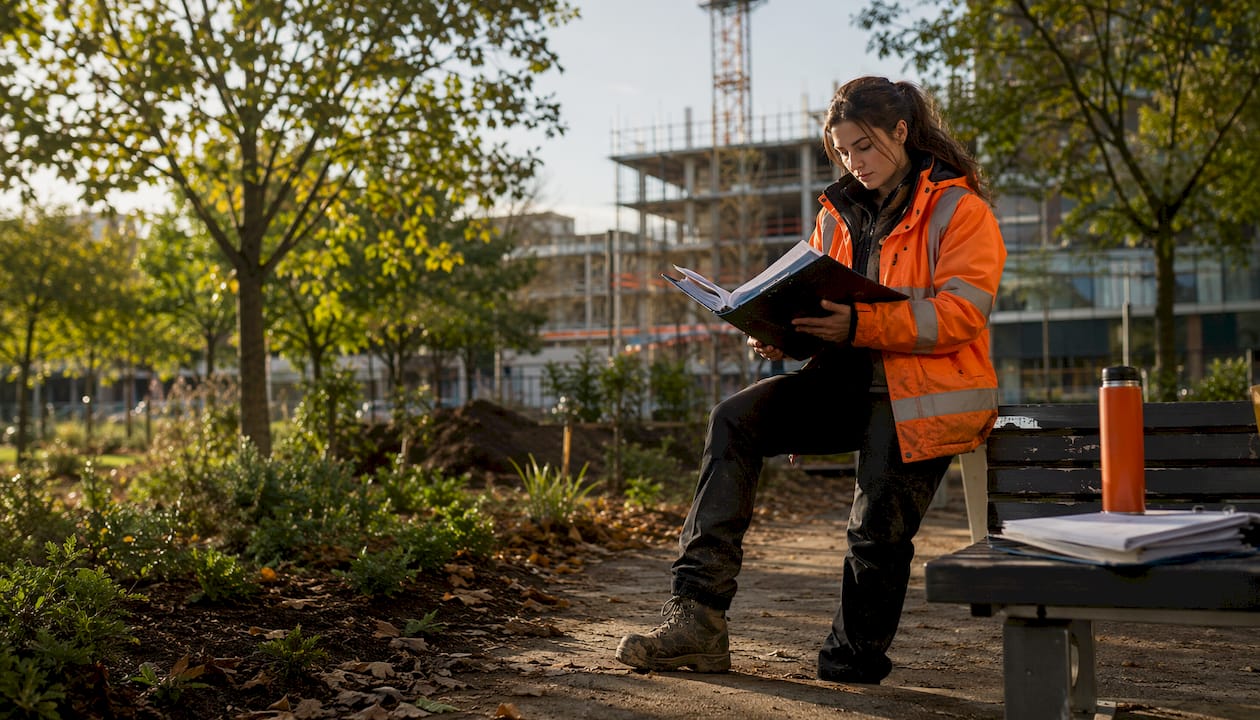 Site manager reviewing construction research on site