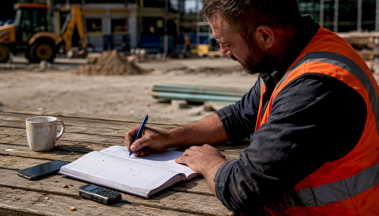 Foreman writing site diary at construction site