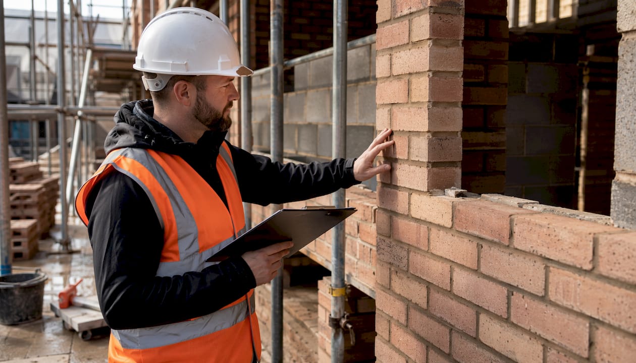 Site supervisor inspecting brickwork on construction site