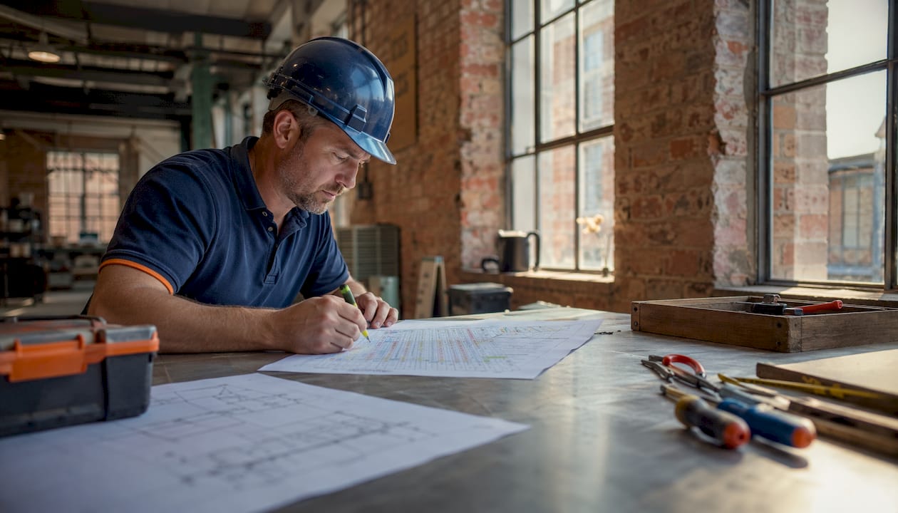 Project manager reviewing schedule of works document