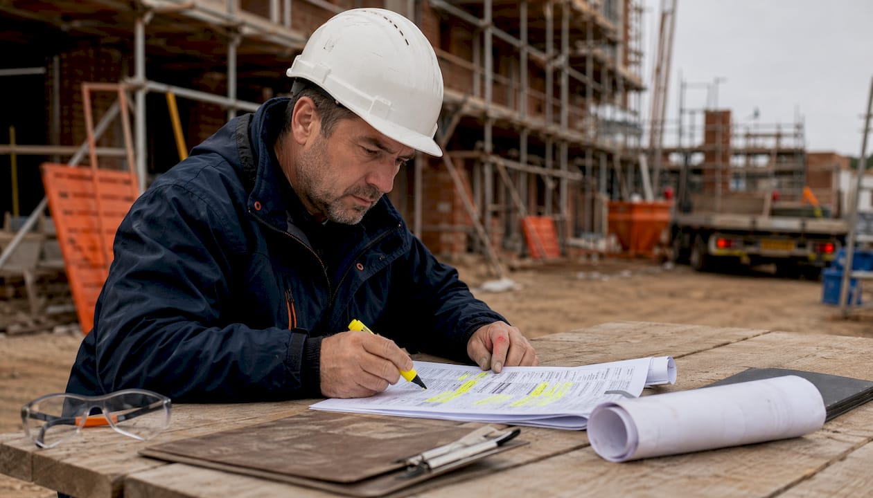 Supervisor reviewing schedule with provisional sums on site