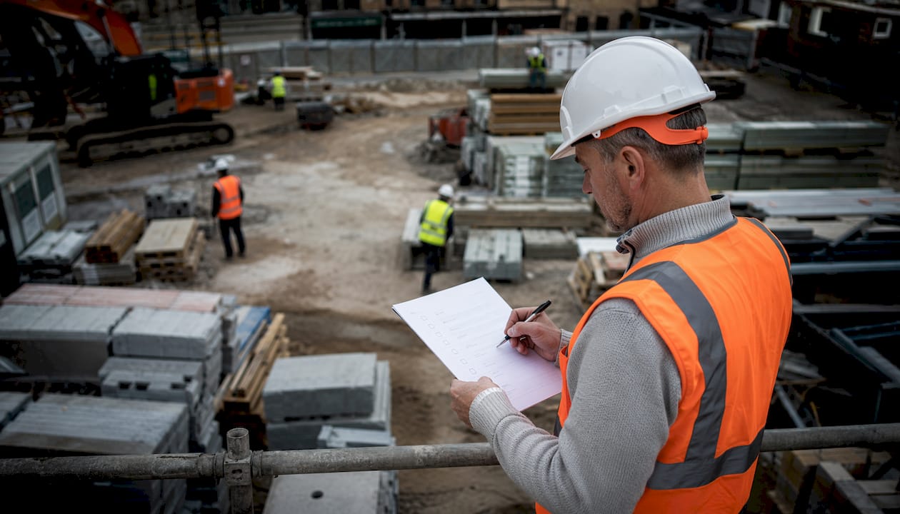 Project manager reviewing construction checklist onsite
