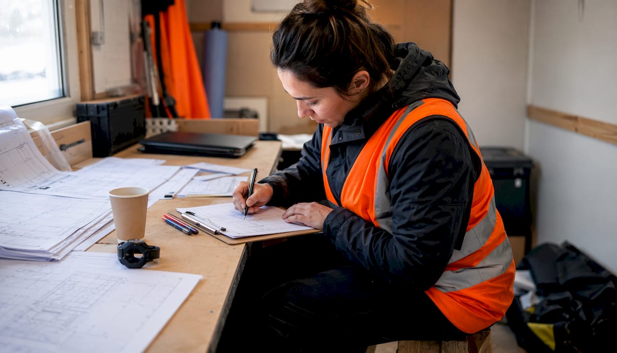 Site supervisor completing daily checklist on clipboard