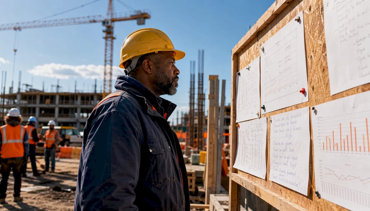Construction manager reviewing KPIs in site office