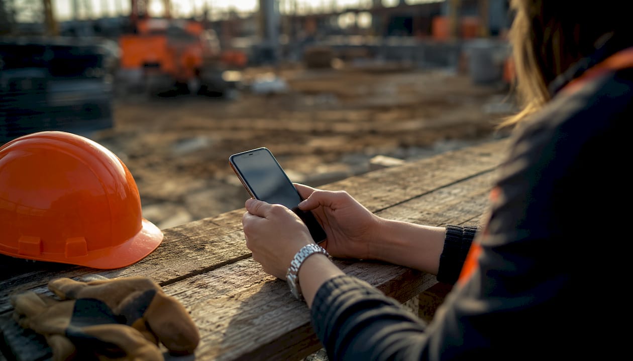 Hands using smartphone for construction KPI logging