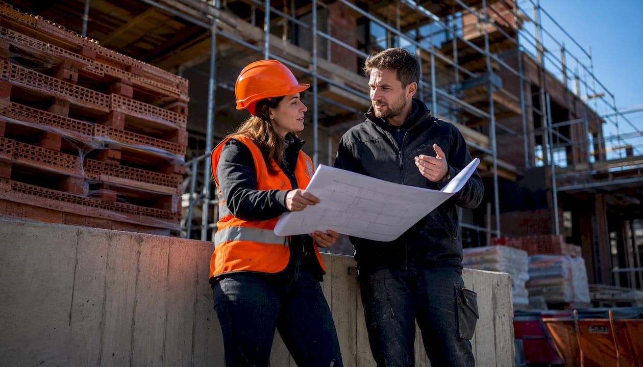 Construction team discussing site meeting plans outdoors