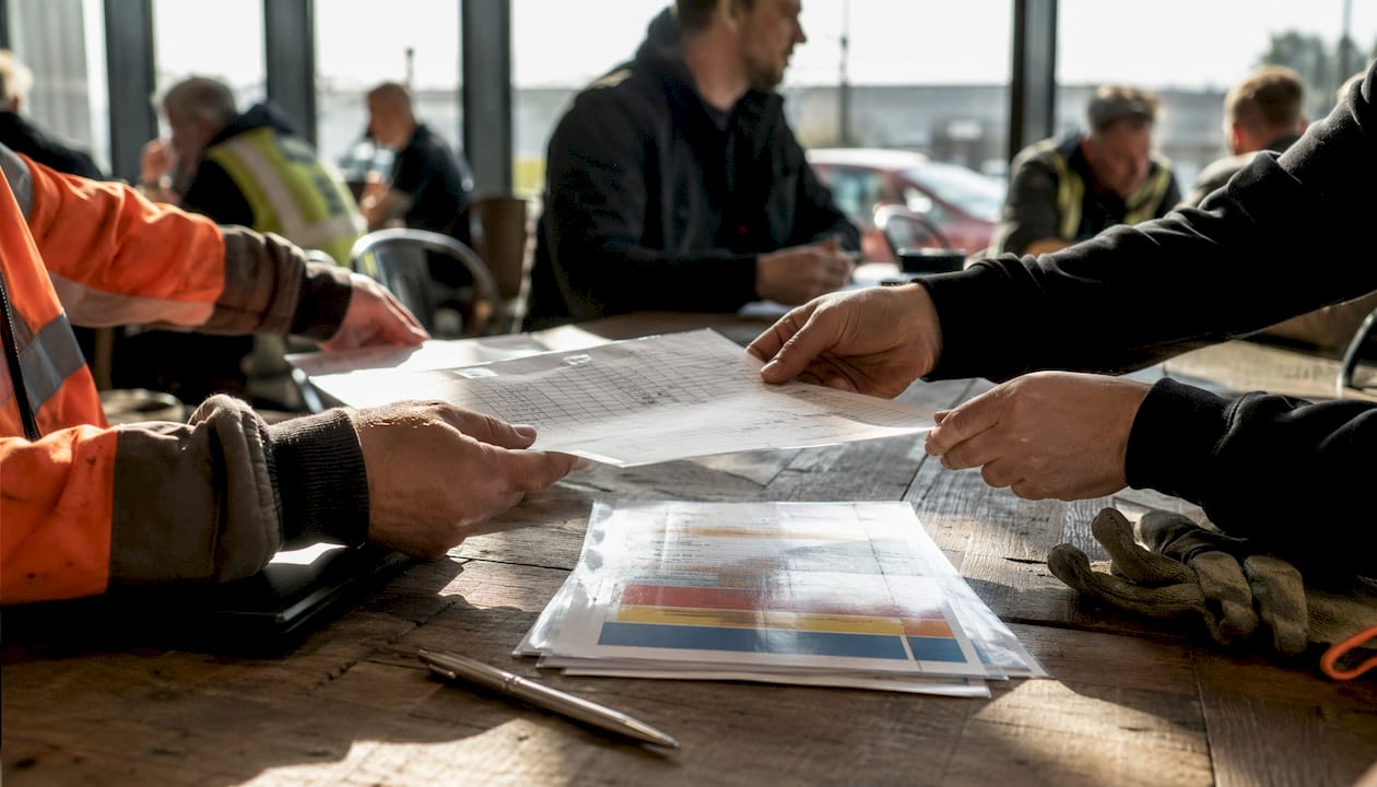 Hands exchanging meeting attendance sheets in site office