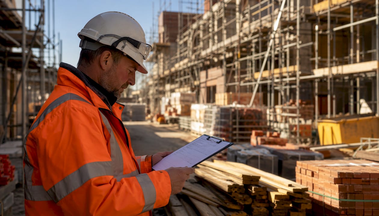 Construction manager checking meeting agenda on site