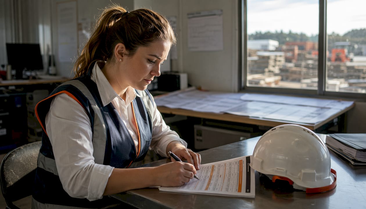 Site supervisor reviewing meeting checklist at desk