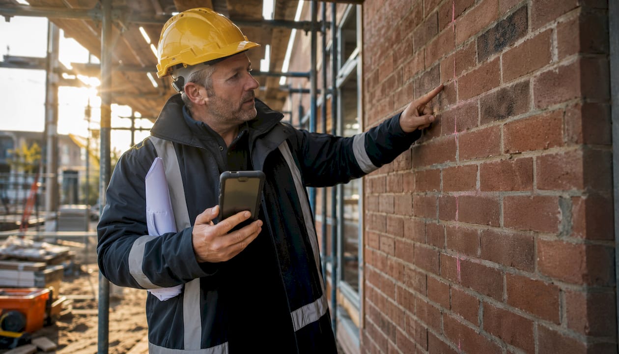 Site manager using snagging app outdoors